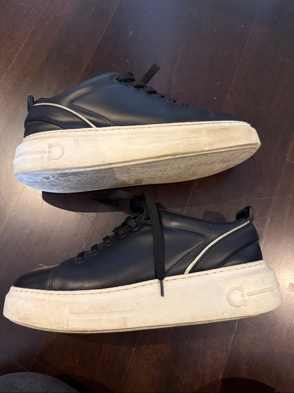 Salvatore Ferragamo Black Leather Low-Top Sneakers with White Sole - Picture 6 of 11
